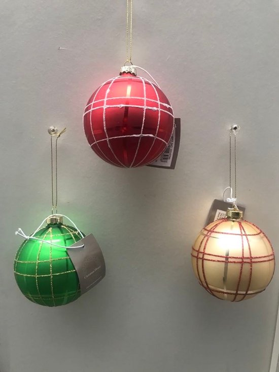 Set van 3 geruite kerstballen met gouden glitter glas 8cm