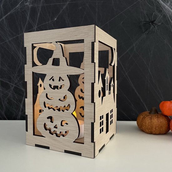 Design407 - Halloween Theelichthouder Haunted Mansion- Halloween - Houten Decoratie - Feestdecoratie - Hout - Spookhuis - Pompoenen - Heksenhoed - Halloween decoratie - Halloween versiering - Horror