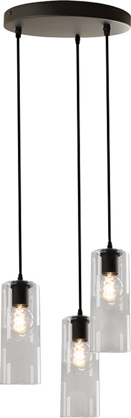 Olucia Hatice - Design Hanglamp - 3L - Glas/Metaal - Transparant;Zwart - Rond - 30 cm