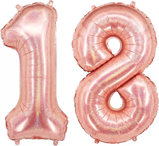 Ballon Cijfer 18 Jaar Rose Goud Helium Ballonnen Verjaardag Versiering Feest versiering Met Rietje Glitter - 86Cm
