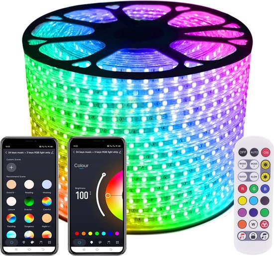 LED Strip RGB - 20 Meter aan één stuk - 16Miljoen kleuren - Met Wi-Fi App + IR 24 knops afstandsbediening - Smarthome - Google Home/Amazon Alexa - Waterdicht - Makkelijke mobiele App voor bedienen inclusief afstandsbediening - iOS en Android