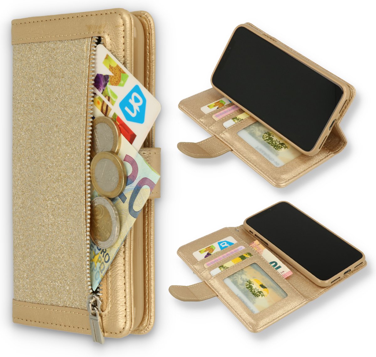 HB Hoesje Geschikt voor Samsung Galaxy Note 10 Lite - Goud - Glitter - Luxe Portemonnee Book Case met Rits