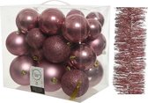 Décorations de Noël de Noël Boules de Noël en plastique 6-8-10 cm avec guirlandes en aluminium, paquet vieux rose de 28x pièces - Décorations Décorations pour sapins de Noël