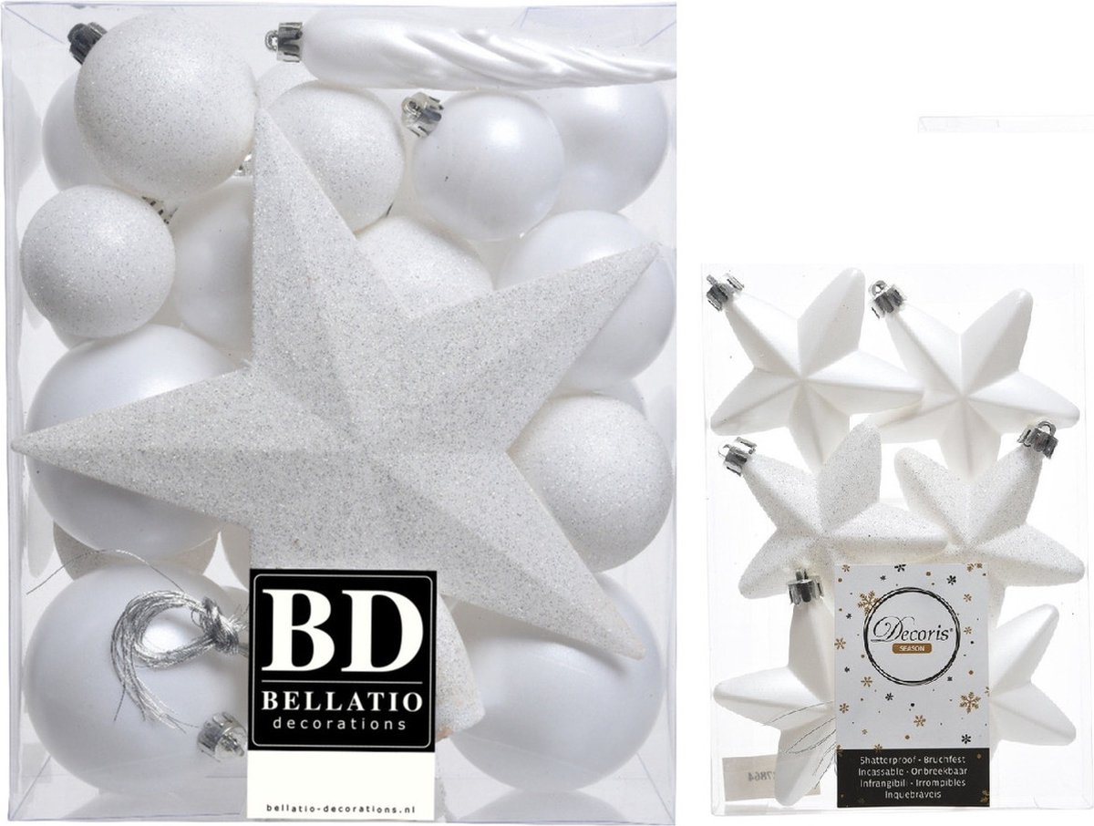 Kerstversiering kunststof kerstballen en sterren hangers winter wit 5-6-8 cm pakket 39x stuks - Met ster vorm piek 19 cm