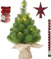 Kunst kerstboom met 15 LED lampjes 60 cm inclusief rode versiering 31-delig - Mini kerstboompjes
