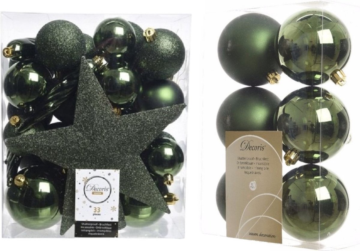39x stuks kunststof kerstballen met ster piek donkergroen mix - Kerstversiering/kerstboomversiering