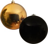 2x stuks grote kerstballen van 20 cm glans van kunststof goud en zwart - Kerstversiering