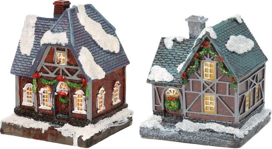 2x Kersthuisjes/kerstdorpje met verlichting 13 cm - Kerstdorpen maken accessoires