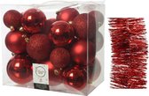 Décorations de Noël de Noël Boules de Noël en plastique 6-8-10 cm avec guirlandes en aluminium paquet rouge de 28x pièces - Décorations Décorations pour sapins de Noël