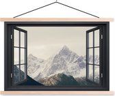 Posterhanger incl. Poster 120x80 cm - Schoolplaat - Doorkijk - Berg - Sneeuw - Textielposter - Blanke latten