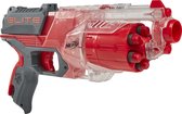 Rode en transparante NERF Elite Disruptor met grijze accenten en het woord "ELITE" erop.