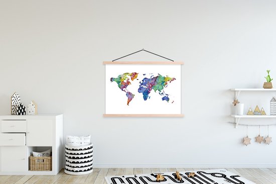 Affiche scolaire - Wereldkaart - Aquarelle - Arc-en-ciel - 120x80 cm - Lattes vierges