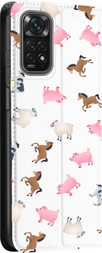 Wit telefoonhoesje met een patroon van schattige boerderijdieren: varkens, paarden en schapen.