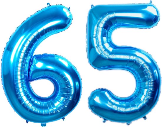 Folie Ballon Cijfer 65 Jaar Blauw Verjaardag Versiering Helium Cijfer Ballonnen Feest versiering Met Rietje - 86Cm