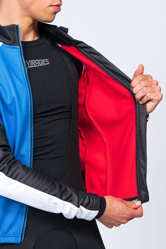 Heren wielrenjack open aan de voorkant, met rode voering. Het jack is blauw, zwart en wit. Het logo '21 VIRAGES' is zichtbaar op het zwarte shirt eronder.