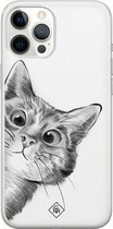 Casimoda® hoesje - Geschikt voor iPhone 12 Pro Max - Peekaboo - Siliconen/TPU telefoonhoesje - Backcover - Kat - Zwart