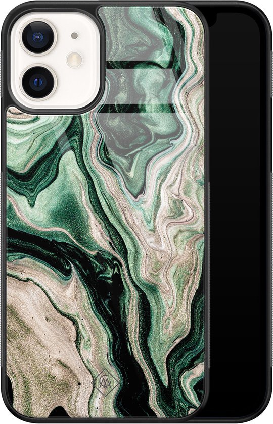 Coque iPhone 12 verre - Marbre vert / Marbre - Vert - Hard Case Zwart - Coque arrière pour téléphone - Water - Casimoda