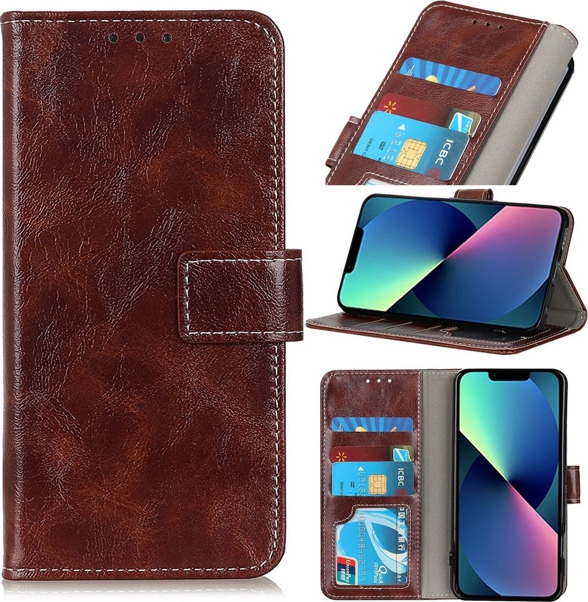 Mobigear Telefoonhoesje geschikt voor Apple iPhone 14 Hoesje | Mobigear Basic Bookcase Portemonnee | Pasjeshouder voor 3 Pasjes | Telefoonhoesje voor Pinpas / OV Kaart / Rijbewijs - Bruin