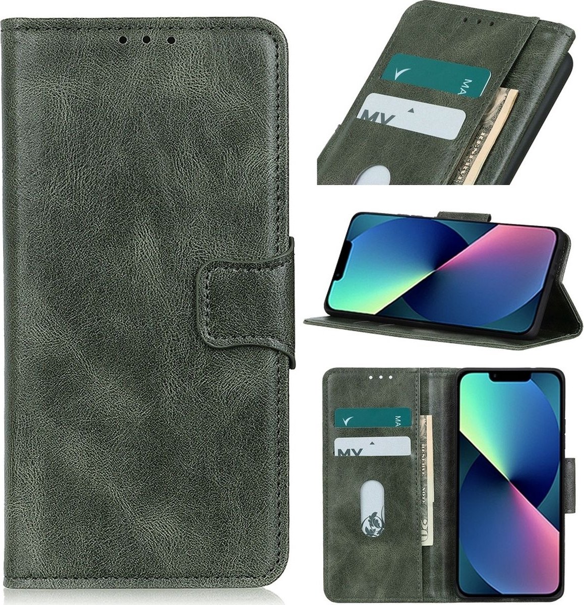 Mobigear Telefoonhoesje geschikt voor Apple iPhone 14 Plus Hoesje | Mobigear Classy Bookcase Portemonnee | Pasjeshouder voor 2 Pasjes | Telefoonhoesje voor Pinpas / OV Kaart / Rijbewijs - Groen