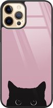 Hoesje geschikt voor iPhone 12 - Zwarte kat - Luxe Hard Case - Marmer - Roze - Mooie Telefoonhoesjes