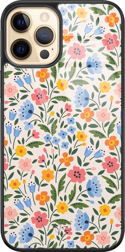 Coque de téléphone avec fond crème et motif floral multicolore rose, bleu, jaune et vert.