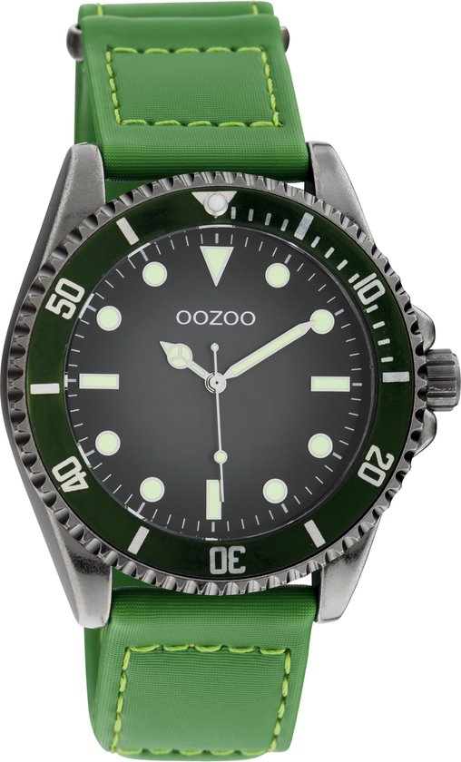 OOZOO Timpieces - Titanium horloge met groene klittenband polsband - C11010