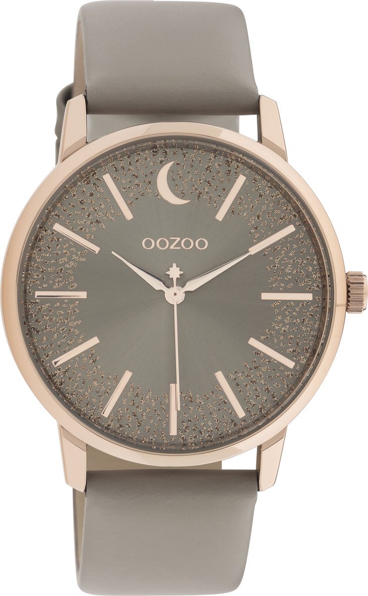 OOZOO Timpieces - rosé goudkleurige horloge met taupe leren band - C11041