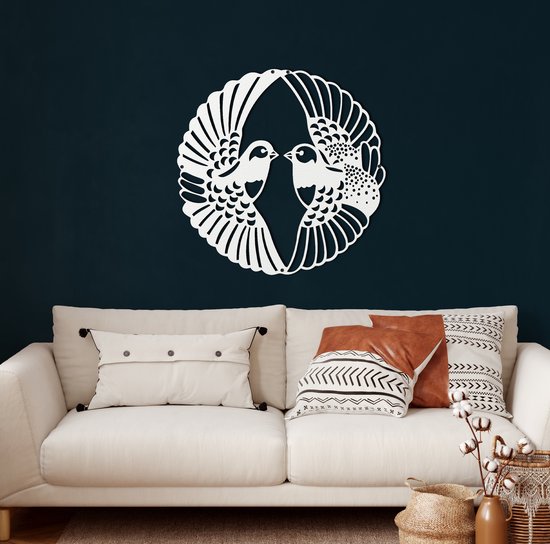 Wanddecoratie |Duiven / Pigeons | Metal - Wall Art | Muurdecoratie | Woonkamer | Buiten Decor |Wit| 60x60cm