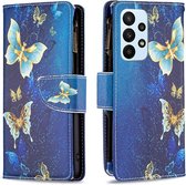 Telefoonhoesje geschikt voor Samsung Galaxy A23 5G - Portemonnee met rits - book-case hoesje - ruimte voor 9 pasjes - goud blauw vlinders