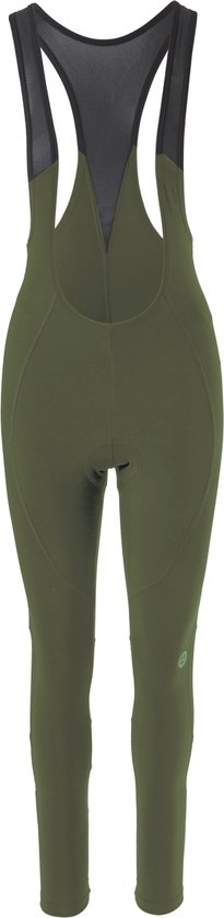 Voorkant van een groene bibtight met zwart mesh bovenpand.