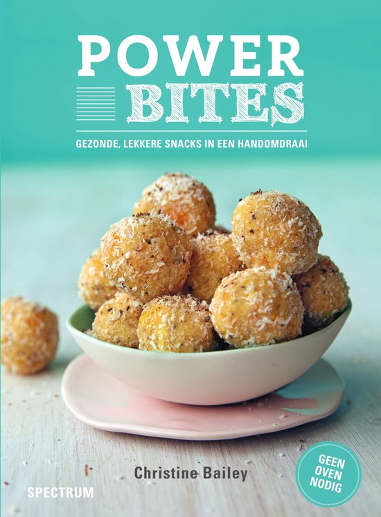Boekomslag 'Power Bites' met een stapel gezonde energierolletjes in een schaal.