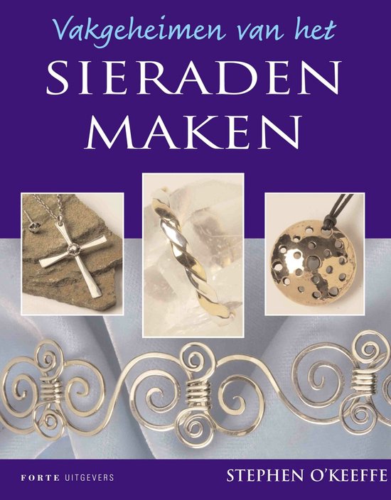 Boekomslag met de titel 'Vakgeheimen van het SIERADEN MAKEN' en foto's van sieraden.