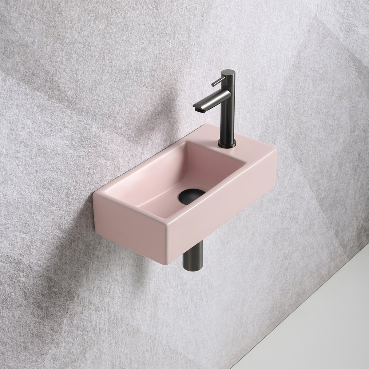 Fonteinset Mia 40.5x20x10.5cm mat roze rechts inclusief fontein kraan, sifon en afvoerplug gun metal