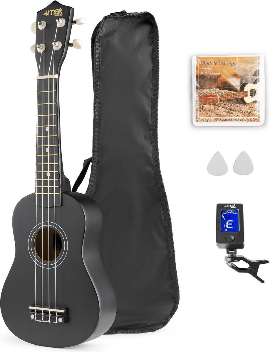 MAX UKEY Ukelele set met 21 inch houten Ukulele, Ukelele tas, plectrums en stemapparaat - Zwart