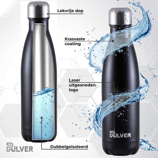 Pulver - Luxe RVS Thermosbeker / Drinkfles – BPA Vrij – 500 ml - Waterfles met Rietje en isolatie – Drinkfles – Dubbele isolatie - Kinderen & volwassenen - Zwart - Pulver