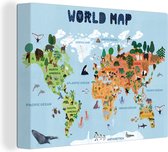 Canvas Wereldkaart - 120x90 - Wanddecoratie Wereldkaart - Kinderen - Dieren - Bomen