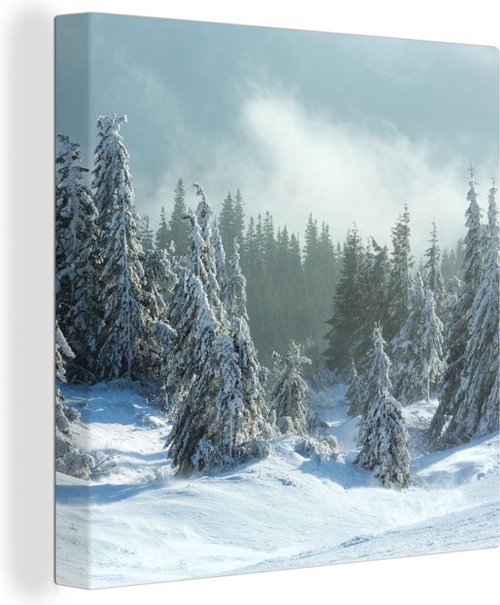 Canvas Schilderij Bos - Sneeuw - Winter - 50x50 cm - Wanddecoratie