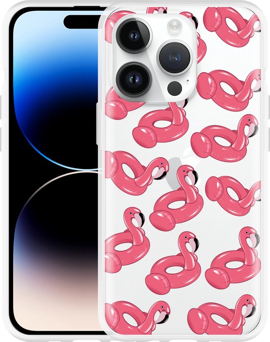 Cazy Hoesje geschikt voor iPhone 14 Pro Inflatable Flamingos bol
