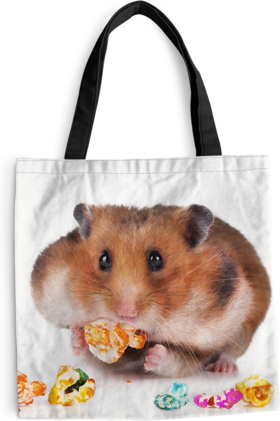 MuchoWow® Sac à bandoulière - Sac de plage - Big Shopper - Sac de courses - Le hamster mange de la nourriture colorée - 45x45 cm - Sac en coton