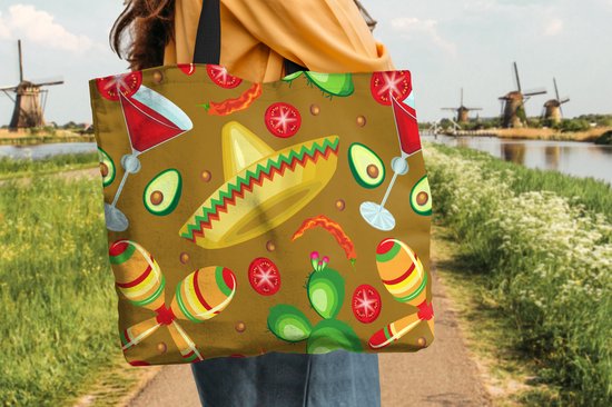 Sac bandoulière - Sac de plage - Shopper Mexico - Sombrero - Motifs - 50x40 cm - Sac en coton