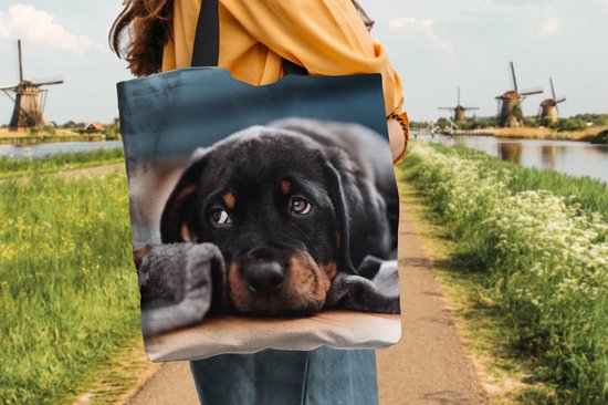 Sac à bandoulière - Sac de plage - Shopper Mignon chiot Rottweiler allongé sur le sol - 40x40 cm - Sac en coton