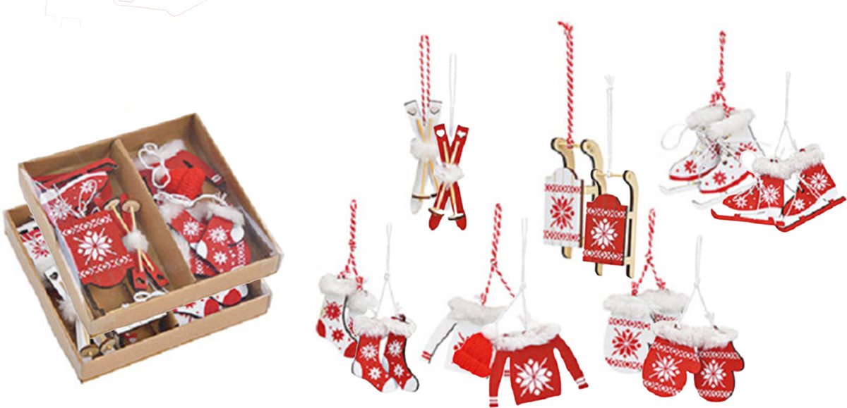G. Wurm Wintersport kersthangers - 12x stuks - wit en rood - 6-10 cm - houten kerstversiering Multi