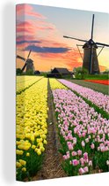 Canvas Schilderij Windmolen - Tulpen - Bloemen - Nederland - 20x30 cm - Wanddecoratie