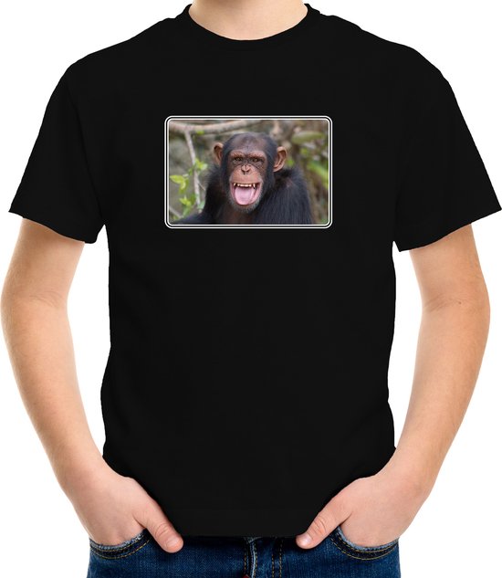 Dieren shirt met apen foto - zwart - voor kinderen - natuur / Chimpansee aap cadeau t-shirt 146/152