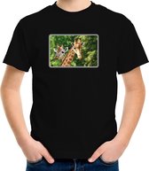 Dieren shirt met giraffen foto - zwart - voor kinderen - Afrikaanse dieren/ giraf cadeau t-shirt 134/140