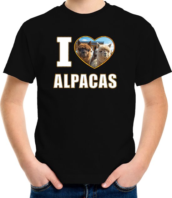 I love alpacas t-shirt met dieren foto van een alpaca zwart voor kinderen - cadeau shirt alpacas liefhebber - kinderkleding / kleding 146/152