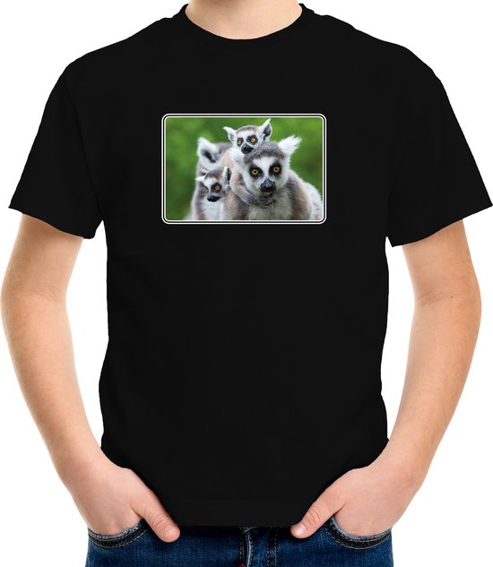 Dieren shirt met maki apen foto - zwart - voor kinderen - natuur / ringstaart maki cadeau t-shirt 158/164
