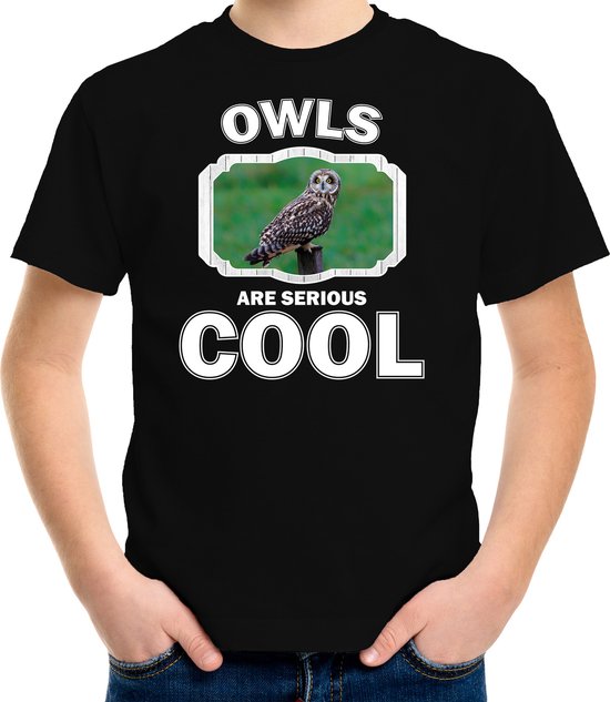Dieren uilen t-shirt zwart kinderen - owls are serious cool shirt  jongens/ meisjes - cadeau shirt velduil/ uilen liefhebber - kinderkleding / kleding 122/128