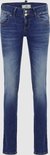 Frontale weergave van een donkerblauwe skinny jeans met dubbele knoopsluiting en lichte vervaging op de benen.