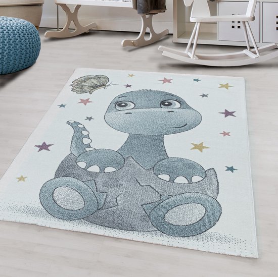 Funny Dino baby kinderkamer vloerkleed laagpolig rechthoek 140x200cm blauw